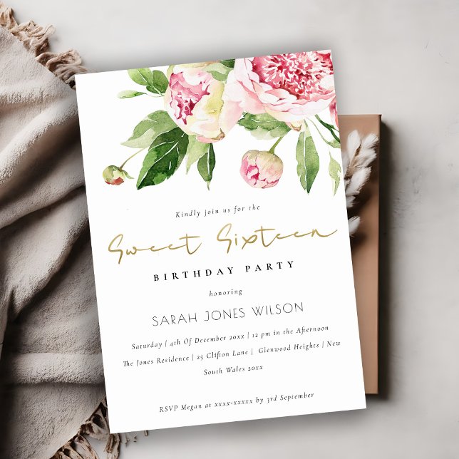 Soft  Blommigt Peony Sweet sixteen Birthday Inbjudningar (Skapare uppladdad)