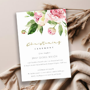 Soft Blommigt Peony Watercolor Christening Inbjudningar