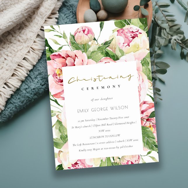 Soft  Blommigt Peony Watercolor Christening Inbjudningar (Skapare uppladdad)