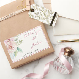Soft Blommigt Romantic Greenery Rosa Mauve Bröllop Rektangulärt Klistermärke