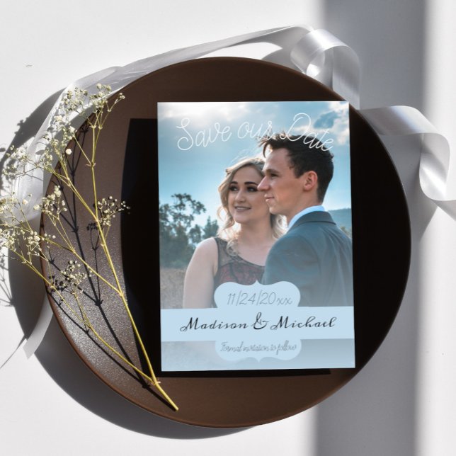 Soft Blue Banner Photo Spara datum meddelande Inbjudningar (Soft Blue Banner Photo Save the Date)