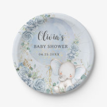 Soft Blue Blommigt Balloon Elephant Boy Shower