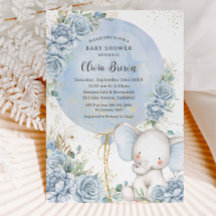 Soft Blue Blommigt Balloon Elephant Boy Shower