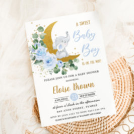 Soft Blue Blommigt Elephant Sweet Pojke Shower Inbjudningar