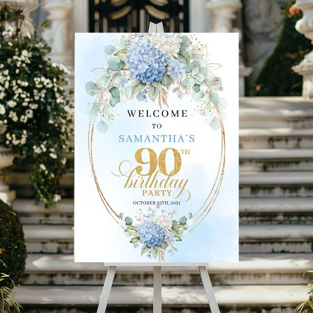Soft Blue Botanical Gold 90th birthday welcome Poster (Soft Blue Botanical Gold 90th birthday welcome)