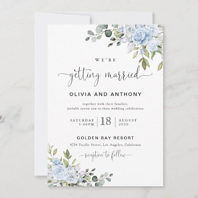 Soft Blue Botanical Wedding Invitation Inbjudningar (Framsida)