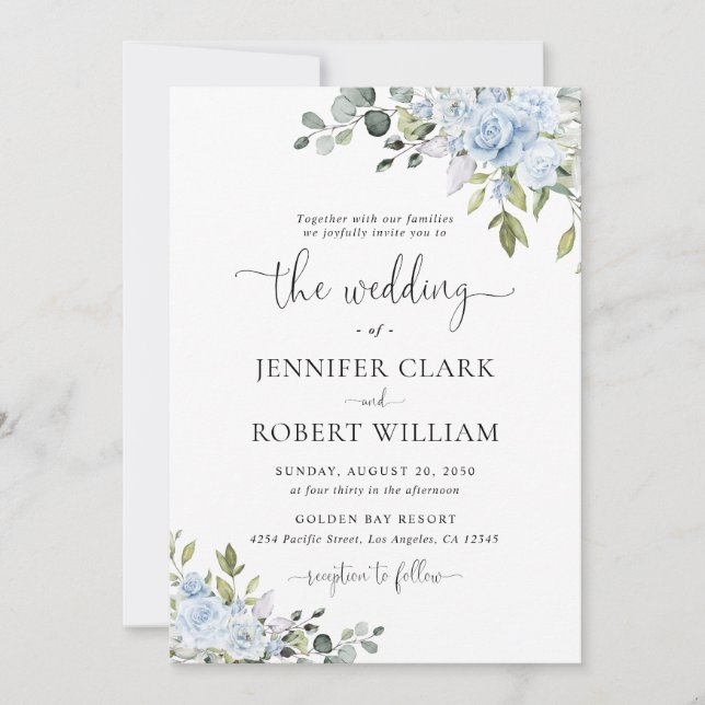 Soft Blue Botanical Wedding Invitation Inbjudningar (Framsida)