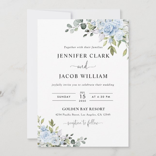 Soft Blue Botanical Wedding Invitation Inbjudningar (Framsida)