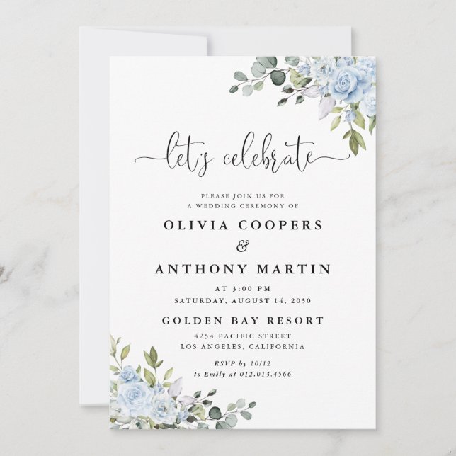 Soft Blue Botanical Wedding Invitation Inbjudningar (Framsida)