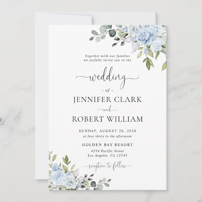 Soft Blue Botanical Wedding Invitation Inbjudningar (Framsida)