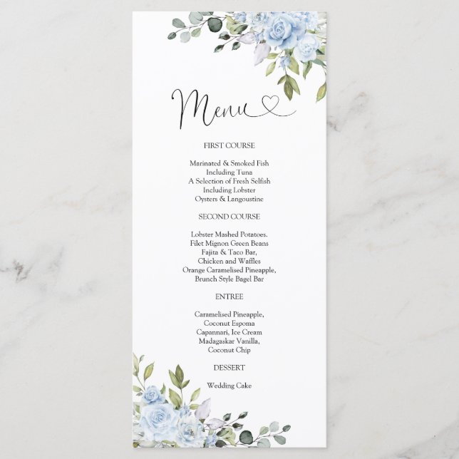 Soft Blue Botanical Wedding Menu Meny (Framsida)