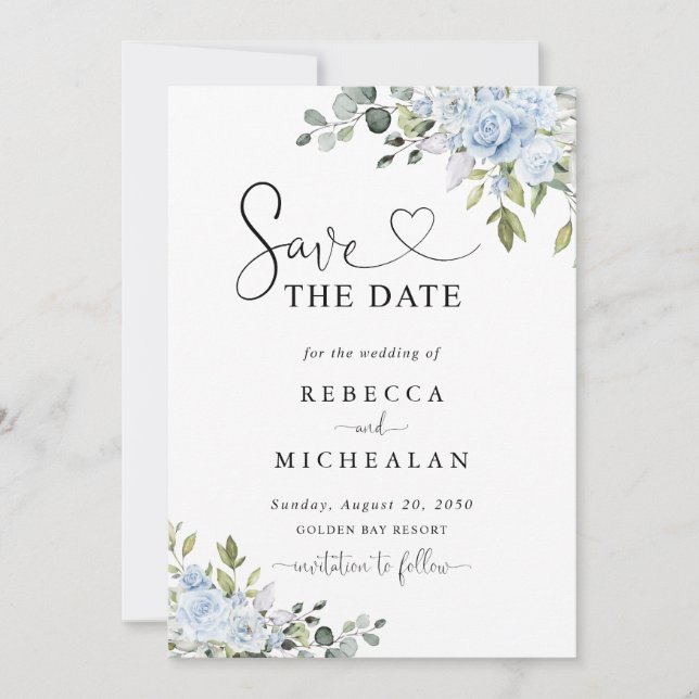 Soft Blue Botanical Wedding Save The Date Inbjudningar (Framsida)