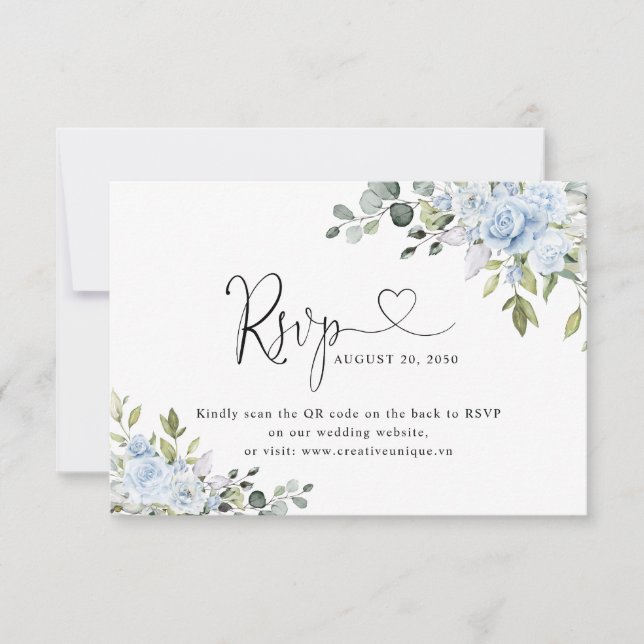 Soft Blue Botanical Wedding Website QR Code RSVP OSA Kort (Framsida)