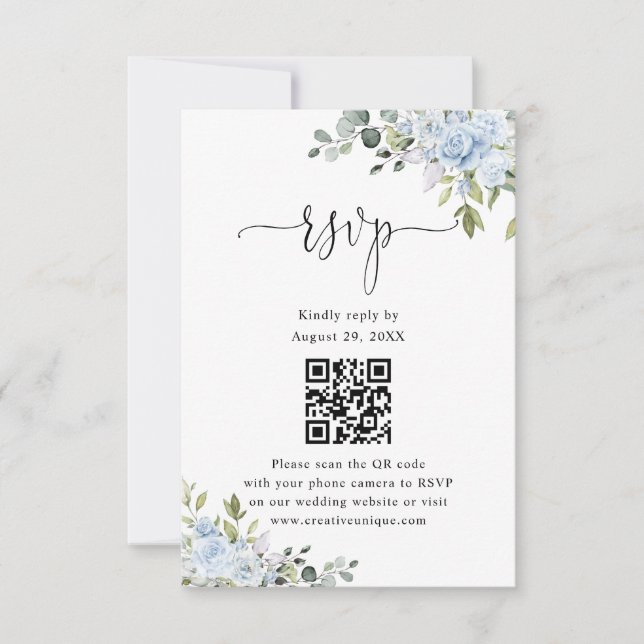 Soft Blue Botanical Wedding Website QR Code RSVP OSA Kort (Framsida)