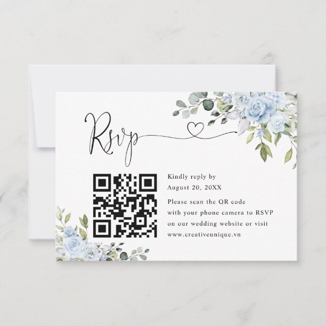 Soft Blue Botanical Wedding Website QR Code RSVP OSA Kort (Framsida)