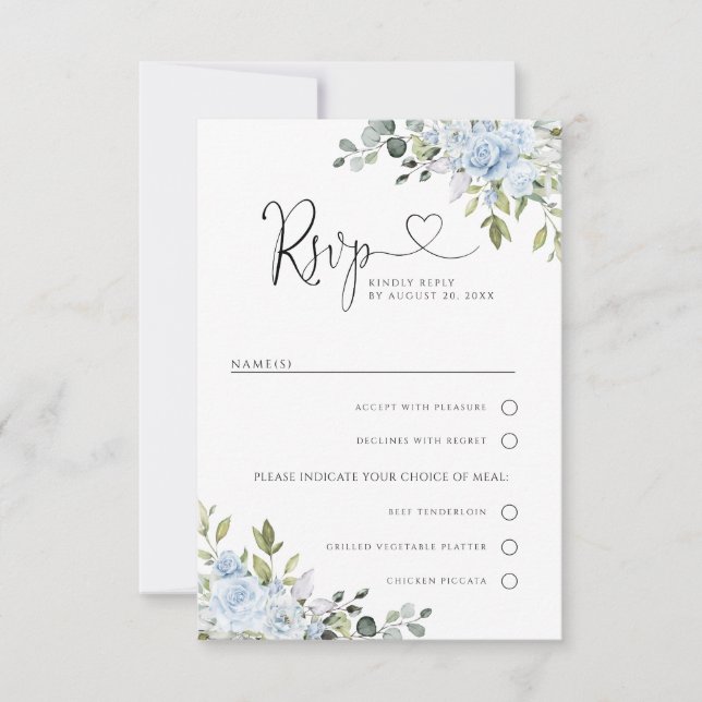 Soft Blue Botanical Wedding With Meal Choice RSVP  OSA Kort (Framsida)