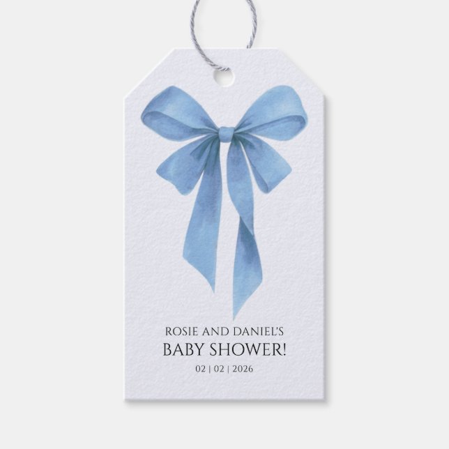 Soft Blue Bow Boy Baby Shower Presentetikett (Framsidan)