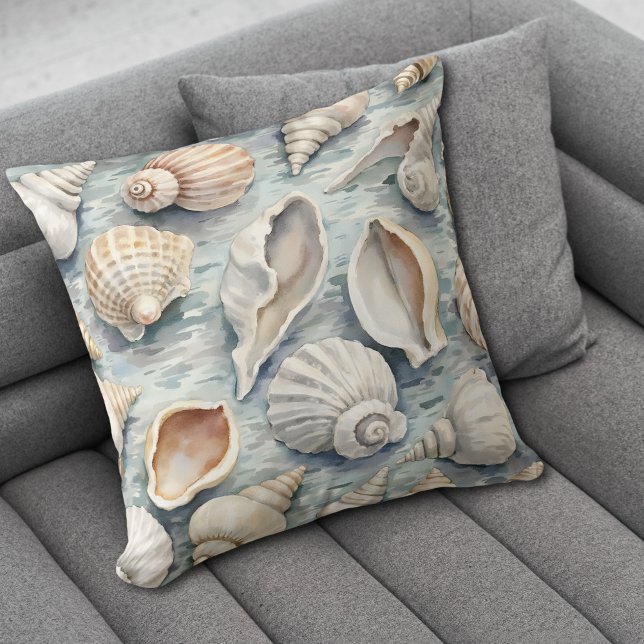 Soft Blue Coastal Seashell Watercolor Kudde (Skapare uppladdad)
