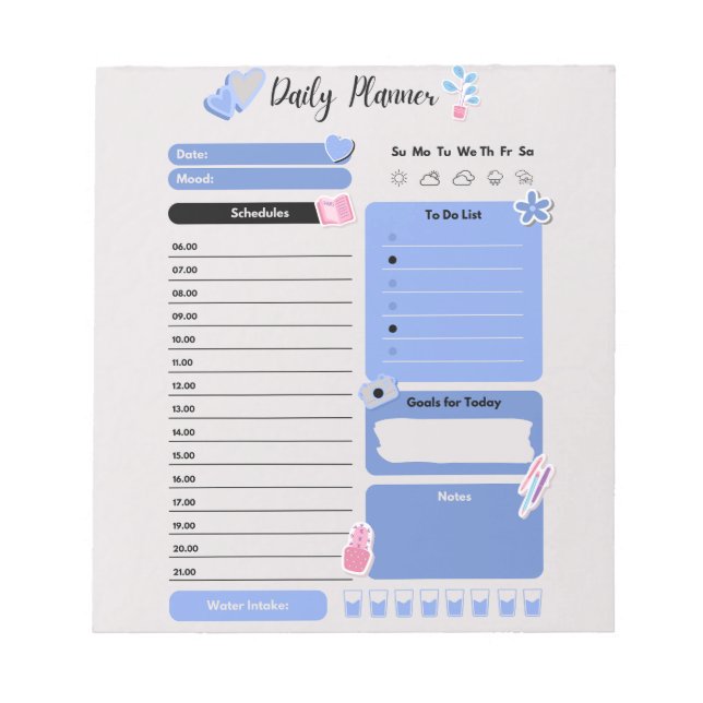 Soft Blue Daily Planner with Mood & Water Track Anteckningsblock (Framsida)
