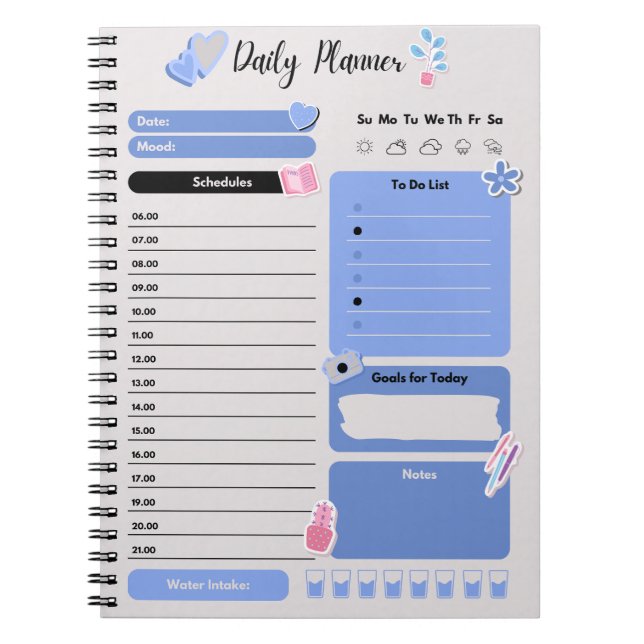 Soft Blue Daily Planner with Mood & Water Track Anteckningsbok (Framsidan)
