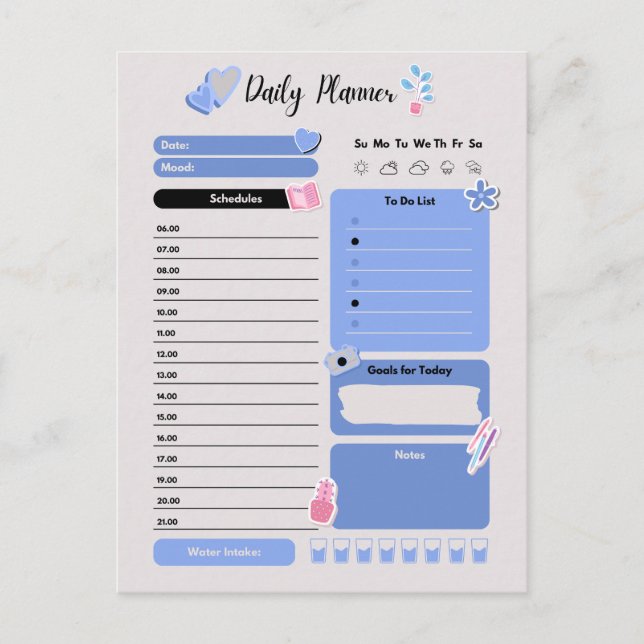 Soft Blue Daily Planner with Mood & Water Track Vykort (Framsida)