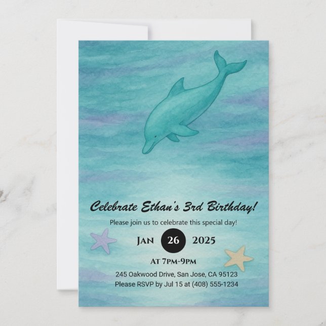 Soft Blue Dolphin & Starfish Ocean Birthday  Inbjudningar (Framsida)