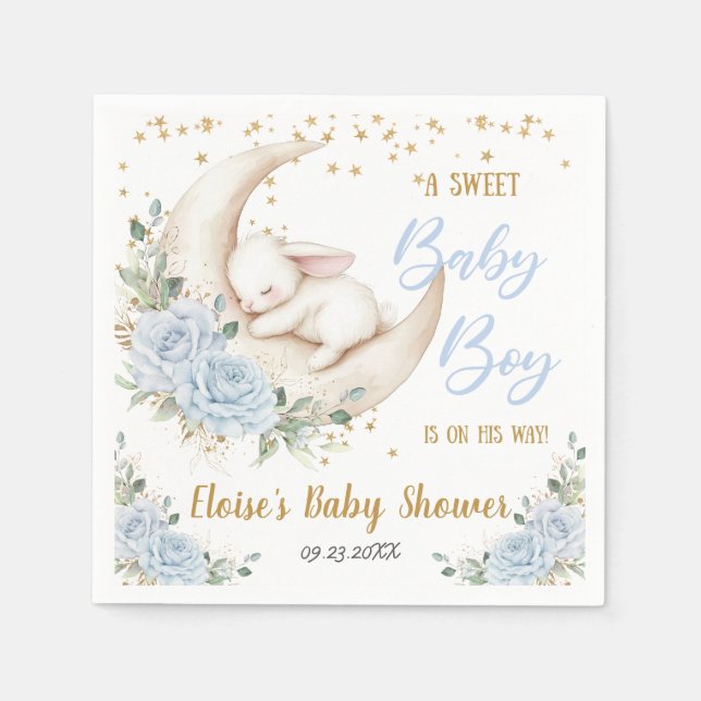 Soft Blue Floral Bunny Rabbit Baby Boy Shower Pappersservett (Framsidan)