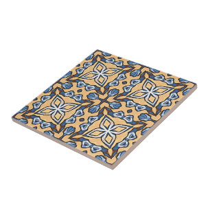 Soft Blue Grått Cream Gult Brown Ethnic Tribe Art Kakelplatta