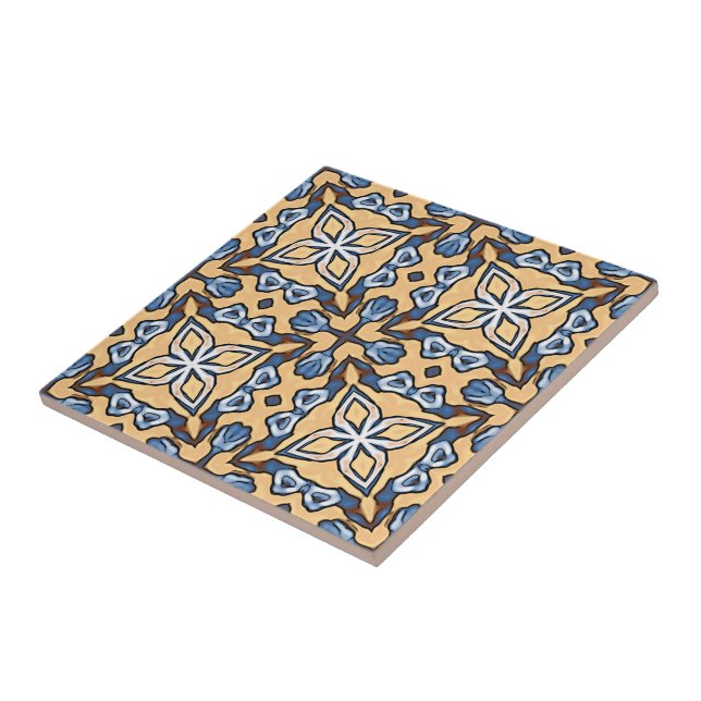 Soft Blue Grått Cream Gult Brown Ethnic Tribe Art Kakelplatta (Sidan)