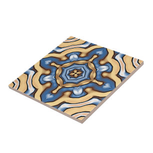 Soft Blue Grått Cream Gult Brown Ethnic Tribe Art Kakelplatta