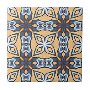 Soft Blue Grått Cream Gult Brown Ethnic Tribe Art Kakelplatta