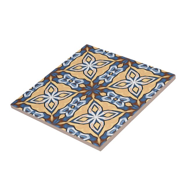 Soft Blue Grått Cream Gult Brown Ethnic Tribe Art Kakelplatta (Sidan)