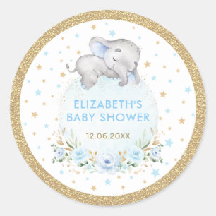 Soft Blue Guld Boy Elephant Baby Shower Favors fav Runt Klistermärke