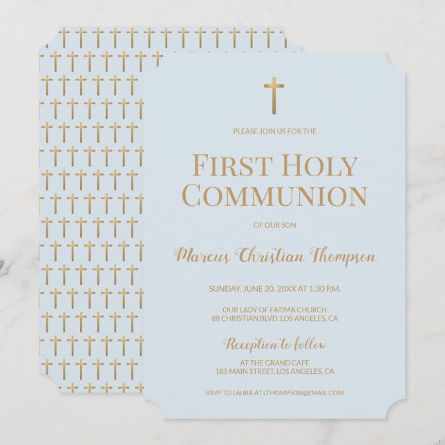 Soft Blue Guld Kor Boy First heliga communion Inbjudningar (Fram/baksida)