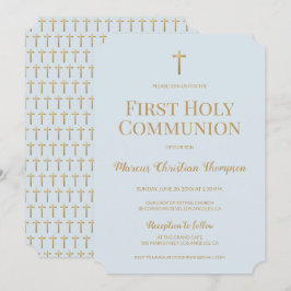 Soft Blue Guld Kor Boy First heliga communion Inbjudningar