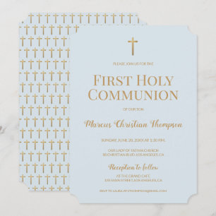 Soft Blue Guld Kor Boy First heliga communion Inbjudningar