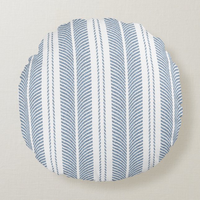 Soft Blue Herringbone Fern Striped Pattern Rund Kudde (Framsidan)