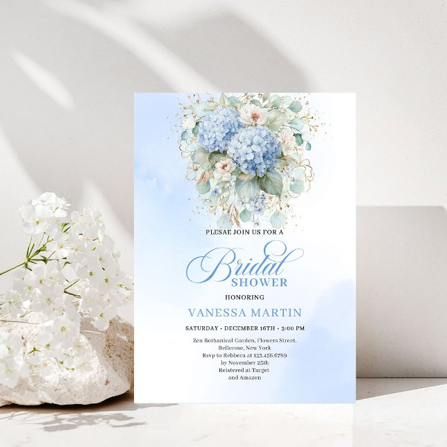 Soft Blue Hydrangea Gold Bridal Shower Invitation Inbjudningar (Soft Blue Hydrangea Gold Bridal Shower Invitation)
