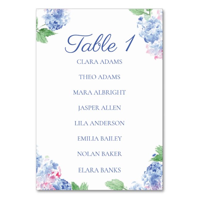 Soft Blue Hydrangea Numeric Seating Chart Card Bordsnummer (Framsidan)