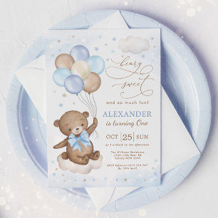 Soft Blue Nalle Balloons Birthday Boy Party Inbjudningar