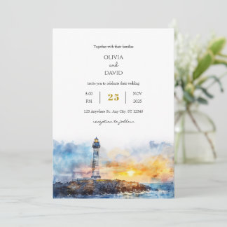 Soft Blue Nautical Sunset Lighthouse Beach Wedding Inbjudningar