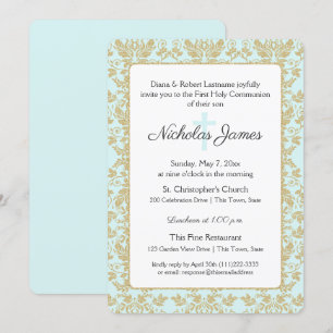Soft Blue och Guld Damask First Communion Inbjudningar