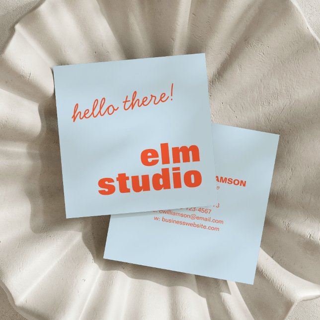 Soft Blue Orange Hello There Friendly Bold Square Fyrkantigt Visitkort (Skapare uppladdad)