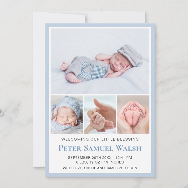 Soft Blue Photo Welcome Newborn Pojke Birth Meddelande (Framsida)