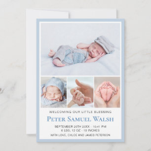 Soft Blue Photo Welcome Newborn Pojke Birth Meddelande