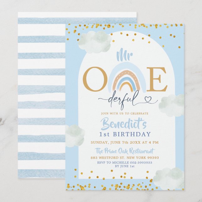 Soft Blue Rainbow Mr Onederful Boy's Birthday Inbjudningar (Fram/baksida)