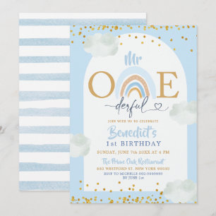 Soft Blue Rainbow Mr Onederful Boy's Birthday Inbjudningar