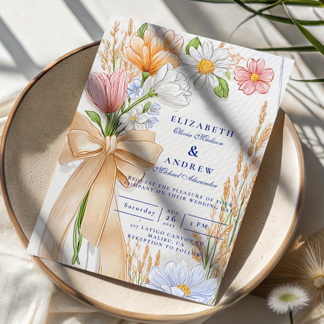 Soft Blue Ribbon Floral Wedding Inbjudningar (Skapare uppladdad)