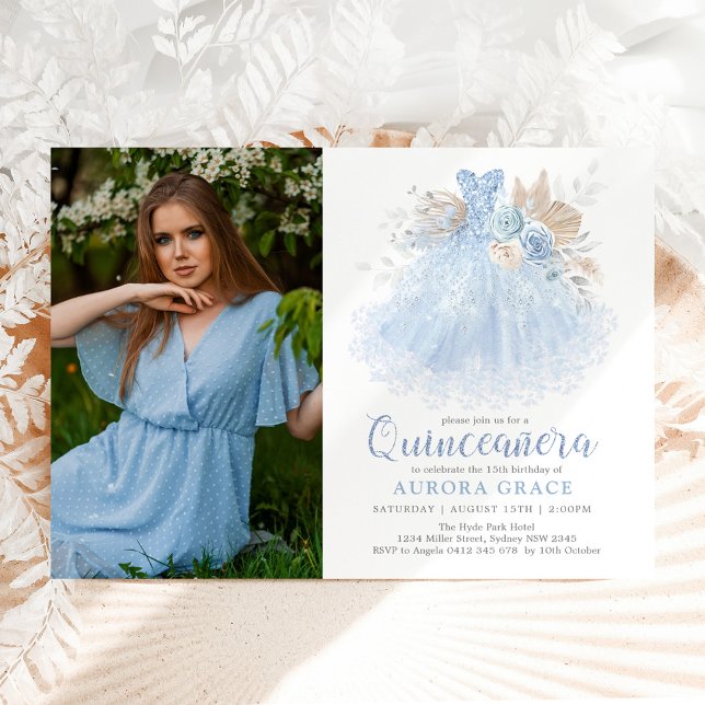 Soft Blue Silver Quinceañera Princess Dress Photo Inbjudningar (Skapare uppladdad)