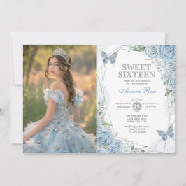 Soft Blue Silver Sweet 16 Butterfly Birthday Photo Inbjudningar